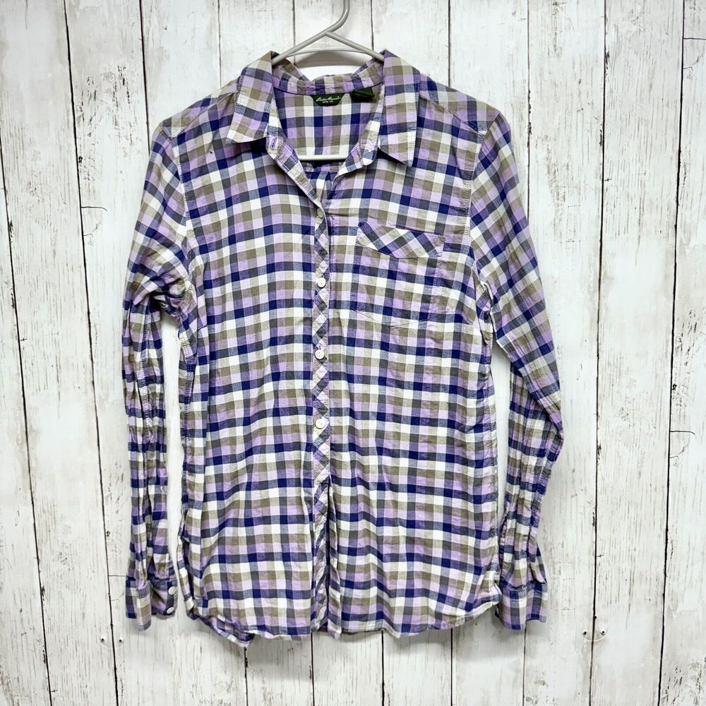 Eddie Bauer Shirt Women Medium Purple Pink Plaid Flannel Long Sleeve Hike Cotton